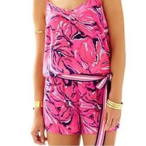LILLY PULITZER SILKY FLORAL ROMPER SASH TIE WAIST ONE PIECE SPAGHETTI STRAP
